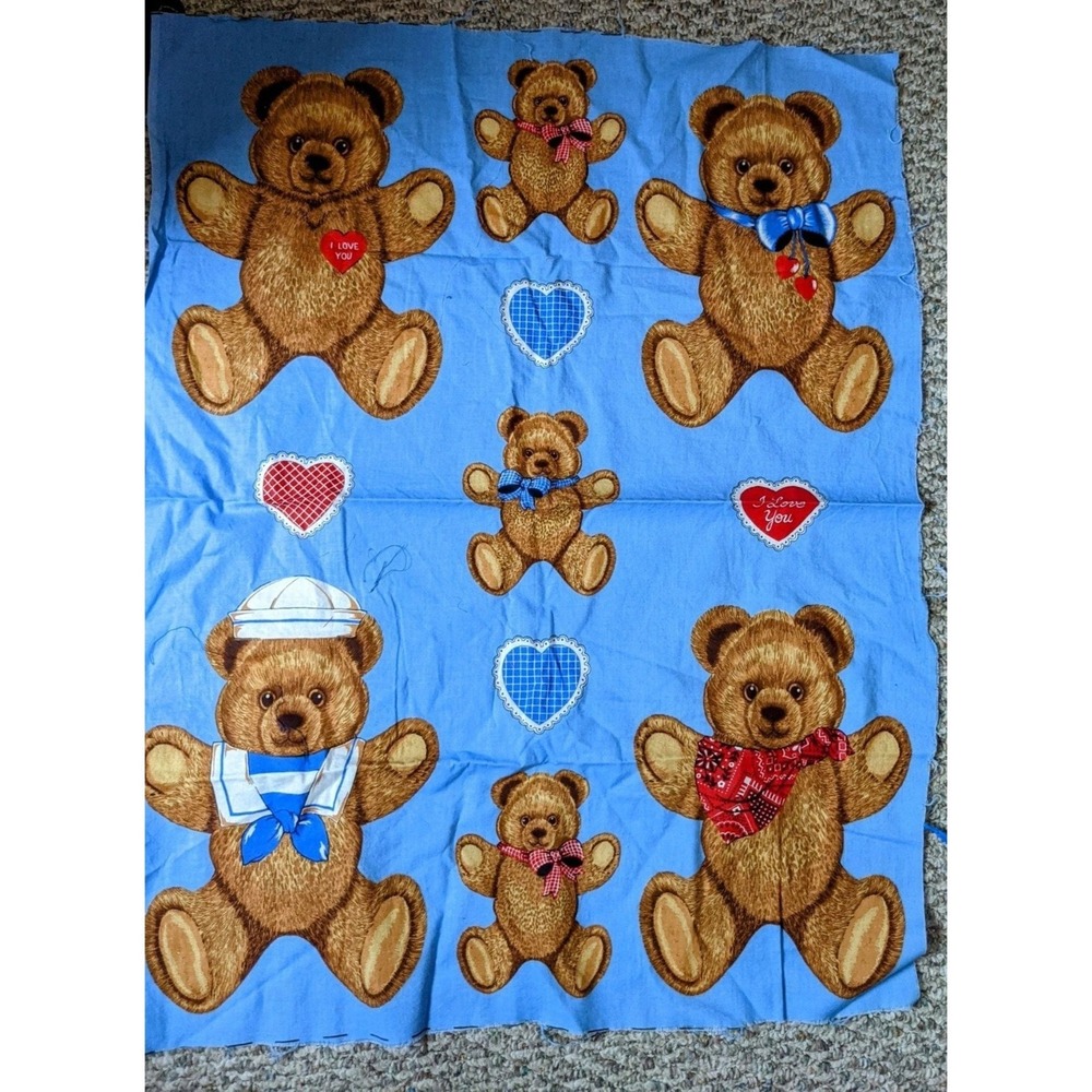 Vintage Hallmark Wamsutta Teddy bear fabric blue‎ brown  hearts 34x27 in